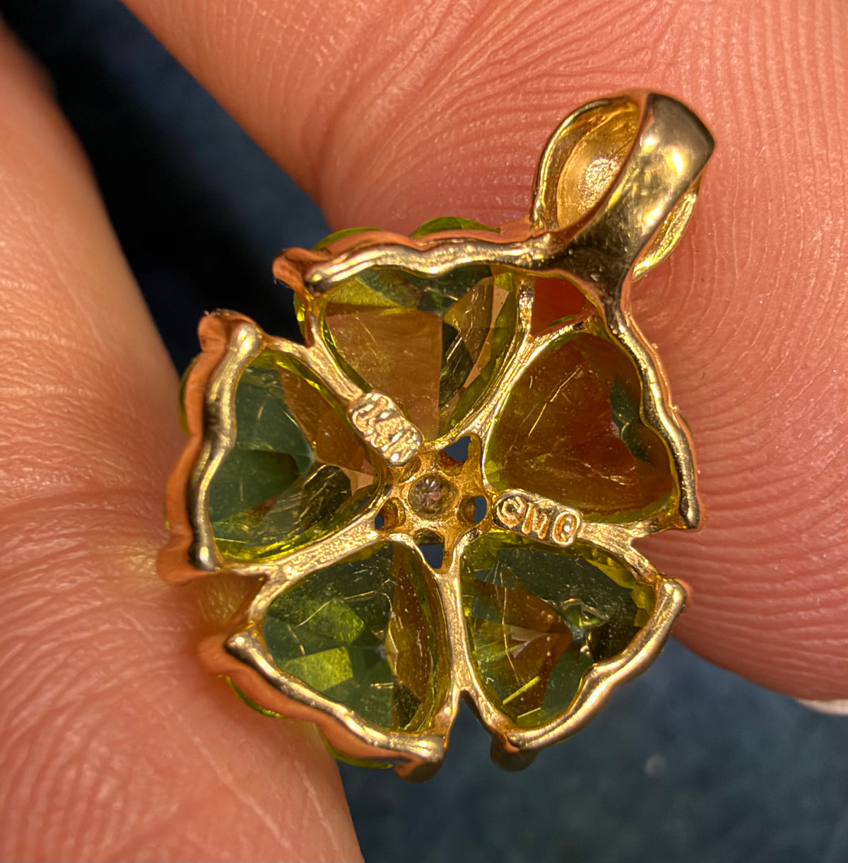 14k Yellow Gold Peridot + Diamond Pendant. Heart Flower Petals