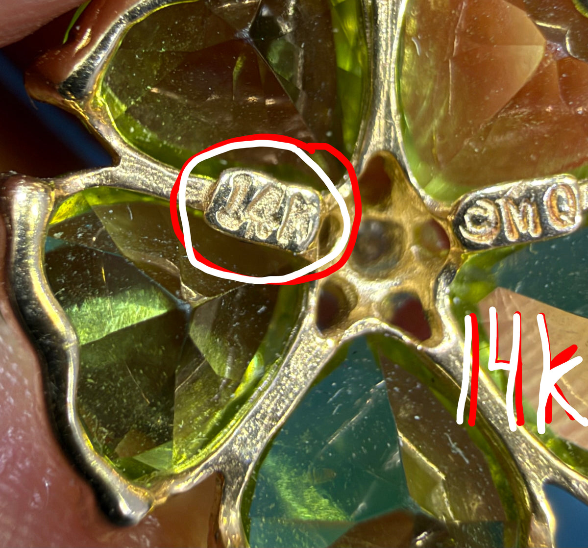 14k Yellow Gold Peridot + Diamond Pendant. Heart Flower Petals