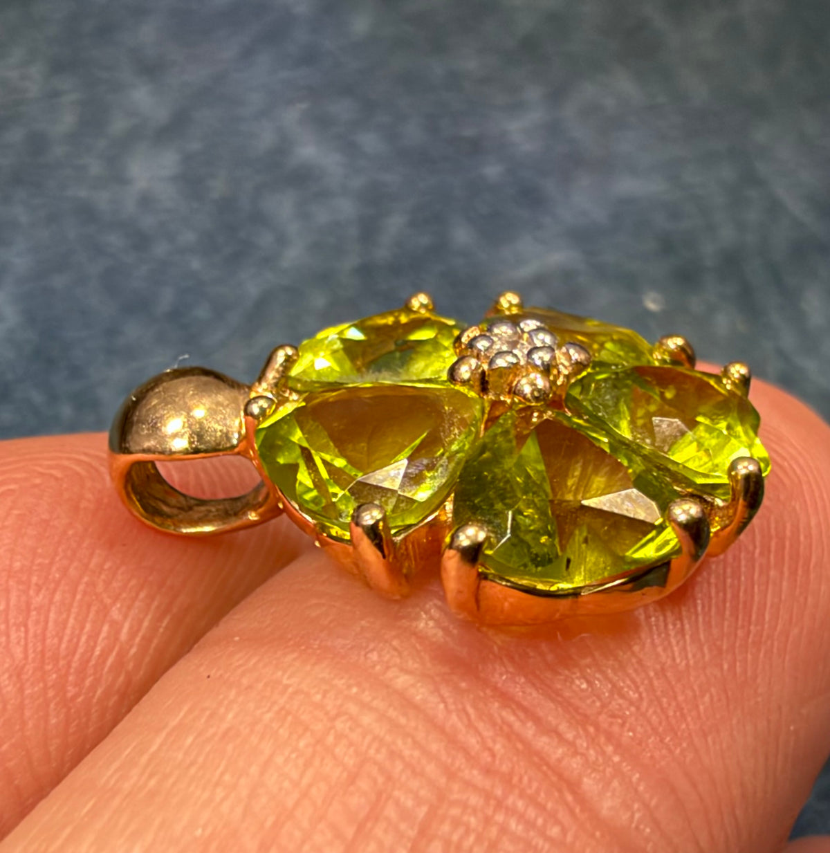 14k Yellow Gold Peridot + Diamond Pendant. Heart Flower Petals