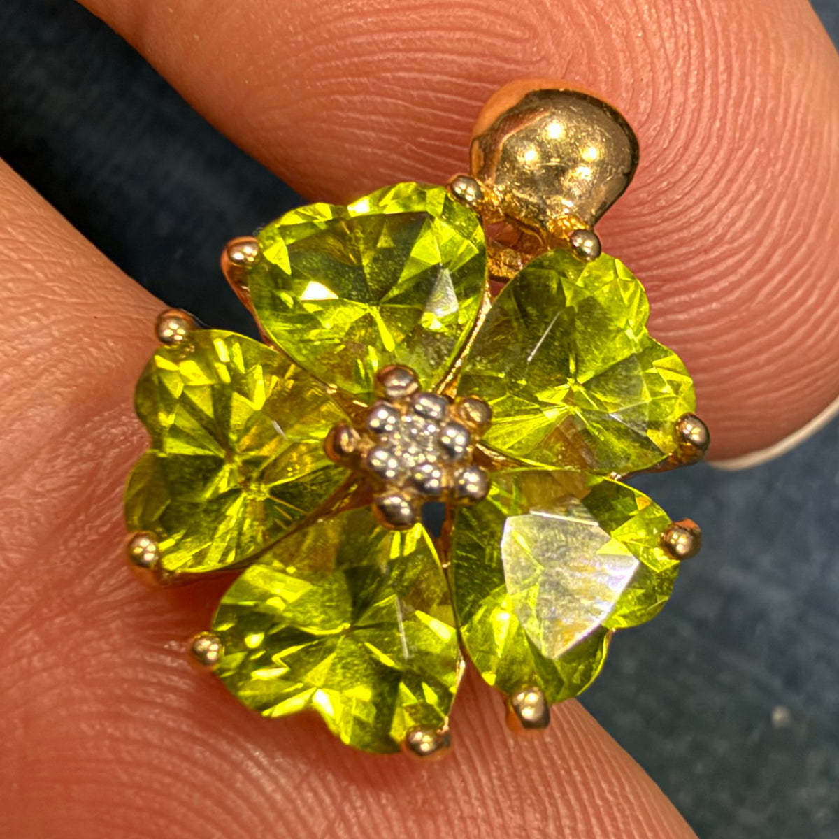 14k Yellow Gold Peridot + Diamond Pendant. Heart Flower Petals