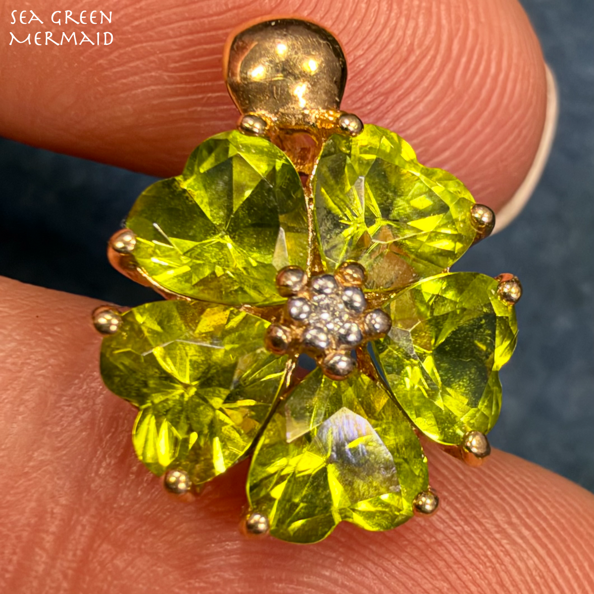 14k Yellow Gold Peridot + Diamond Pendant. Heart Flower Petals
