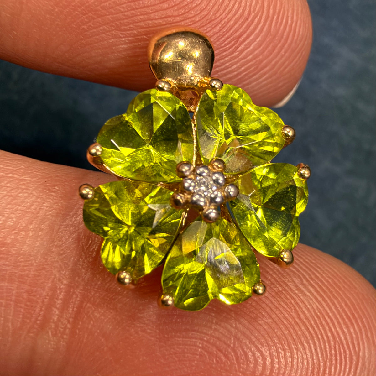 14k Yellow Gold Peridot + Diamond Pendant. Heart Flower Petals