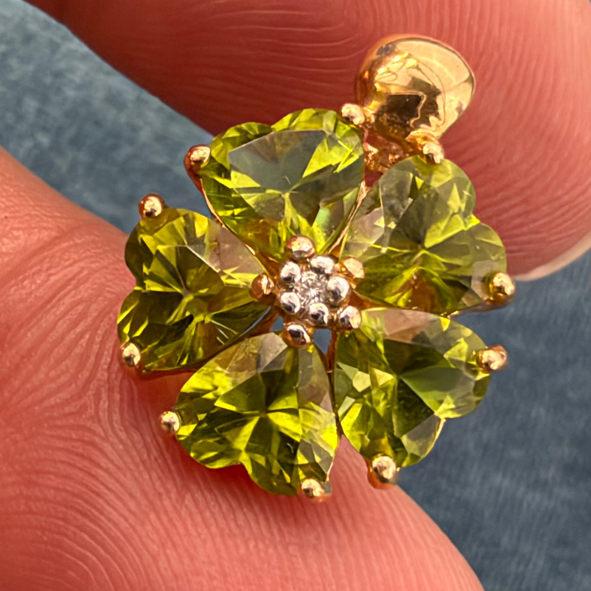 14k Yellow Gold Peridot + Diamond Pendant. Heart Flower Petals