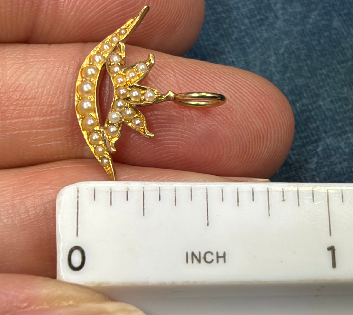 18k Gold Seed Pearl Sun Burst + Crescent Moon Pendant. Tiny!
