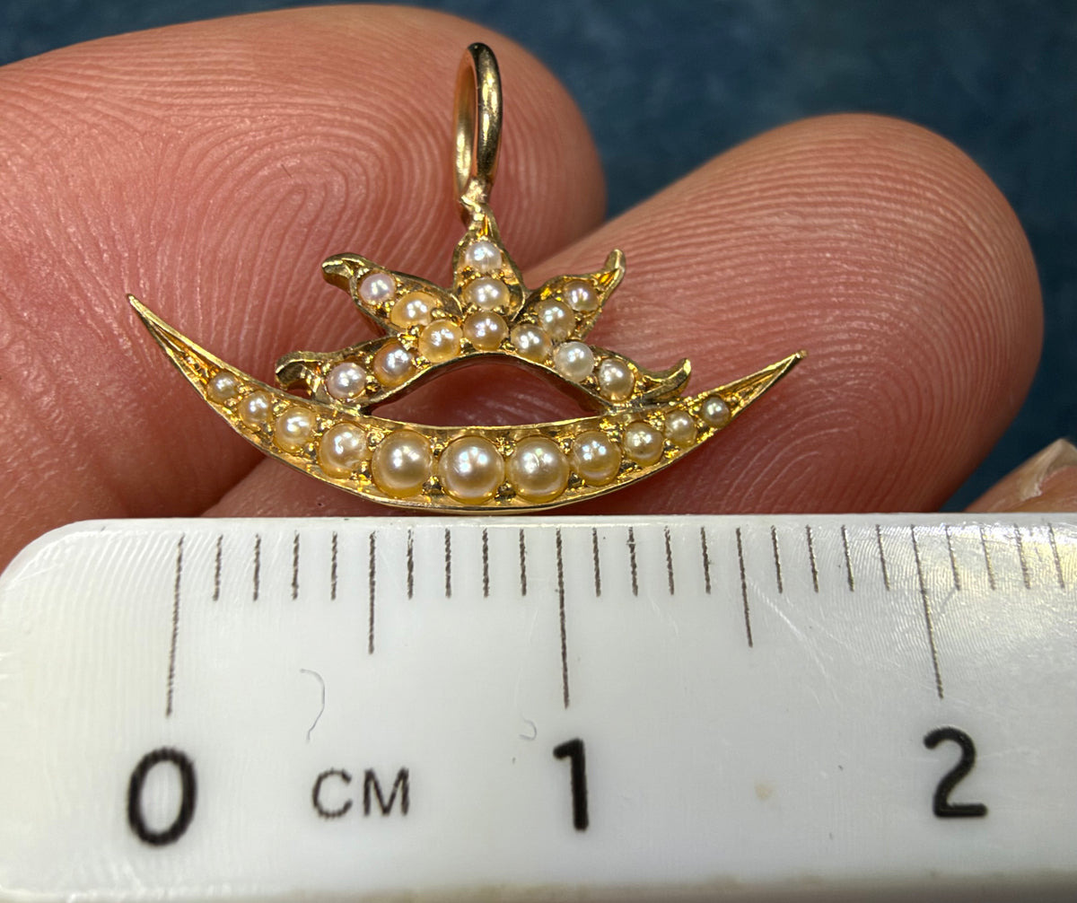 18k Gold Seed Pearl Sun Burst + Crescent Moon Pendant. Tiny!