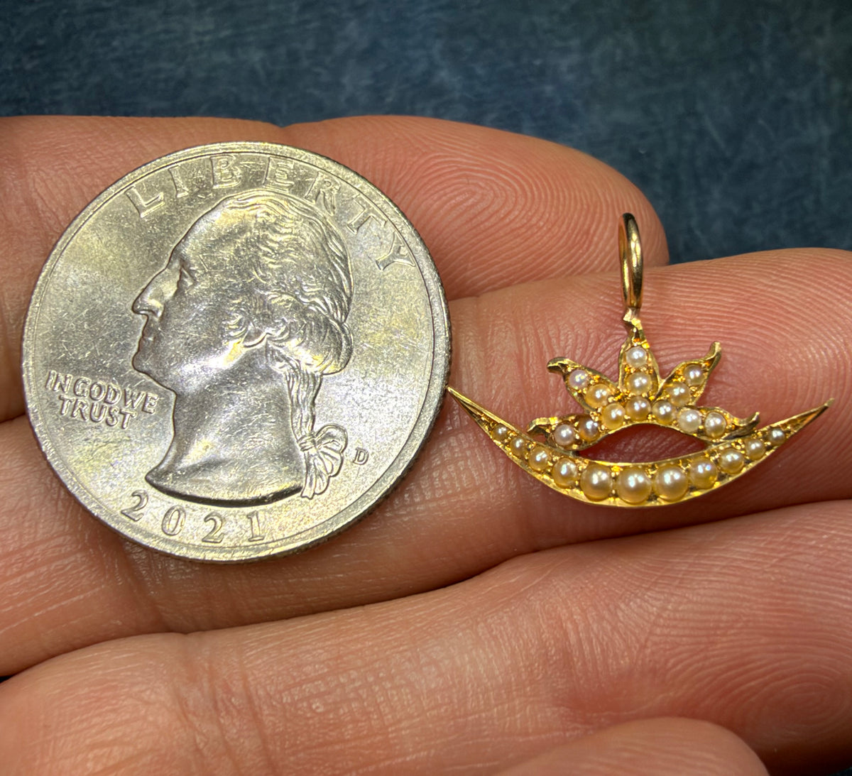 18k Gold Seed Pearl Sun Burst + Crescent Moon Pendant. Tiny!