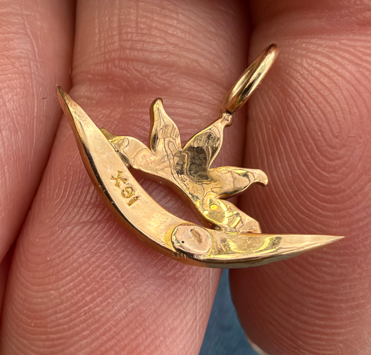 18k Gold Seed Pearl Sun Burst + Crescent Moon Pendant. Tiny!