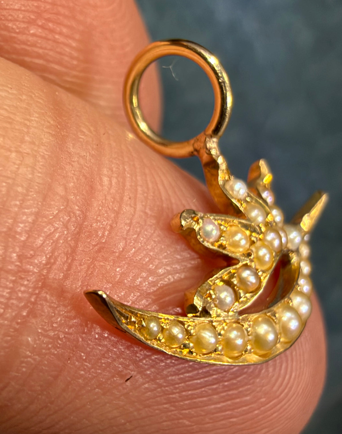 18k Gold Seed Pearl Sun Burst + Crescent Moon Pendant. Tiny!