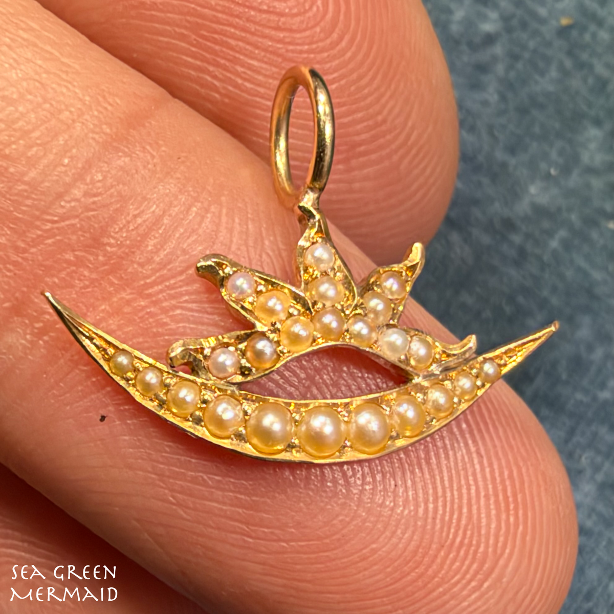 18k Gold Seed Pearl Sun Burst + Crescent Moon Pendant. Tiny!