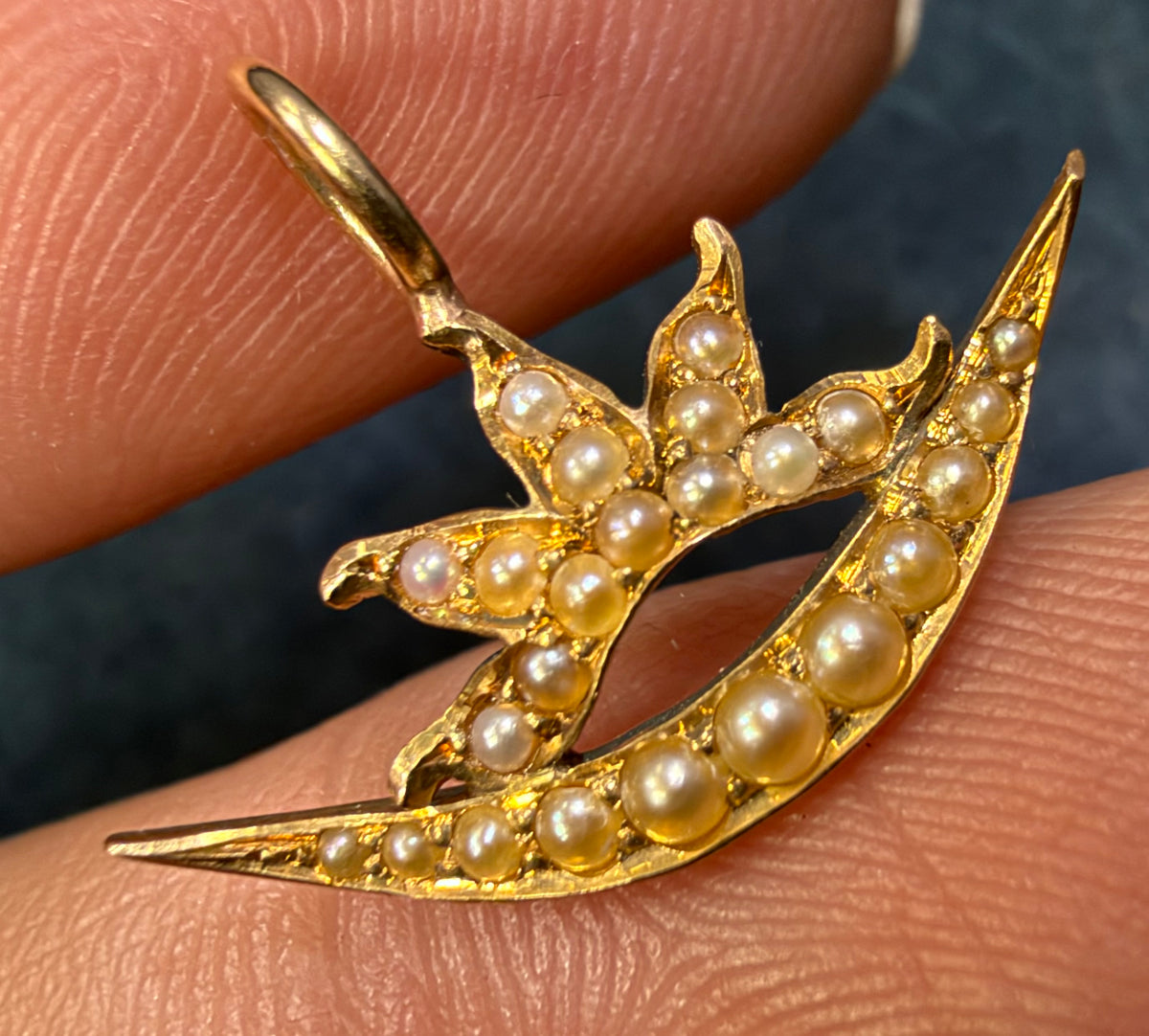 18k Gold Seed Pearl Sun Burst + Crescent Moon Pendant. Tiny!