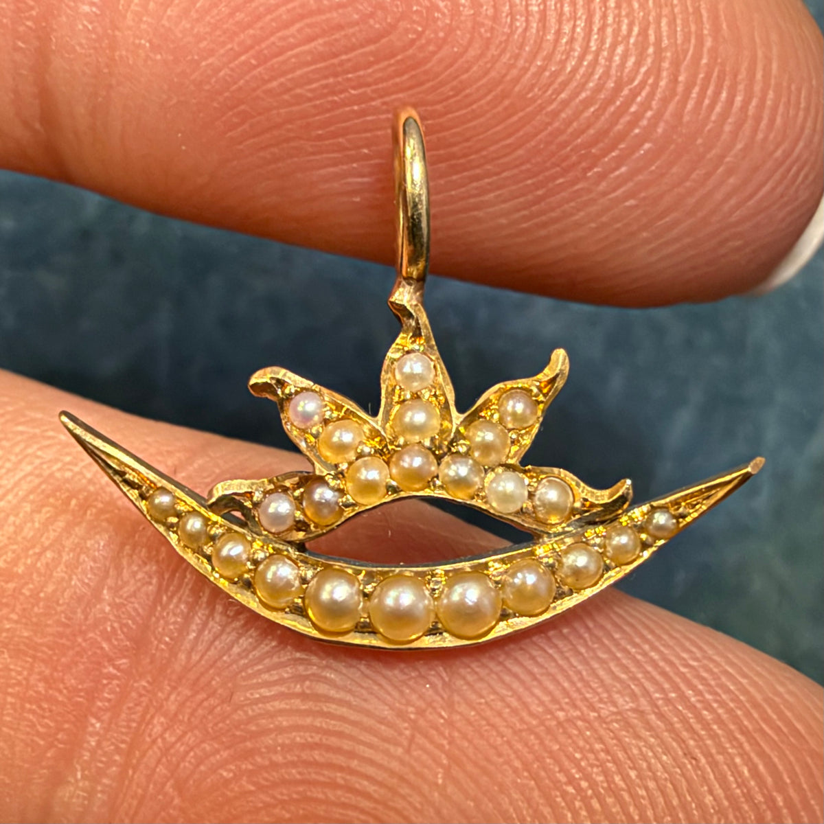 18k Gold Seed Pearl Sun Burst + Crescent Moon Pendant. Tiny!