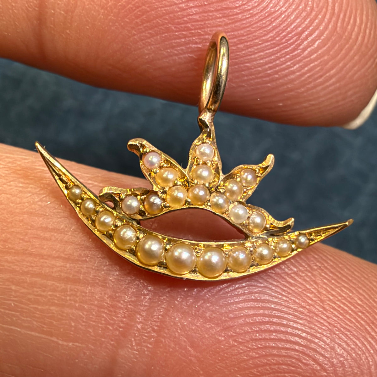 18k Gold Seed Pearl Sun Burst + Crescent Moon Pendant. Tiny!