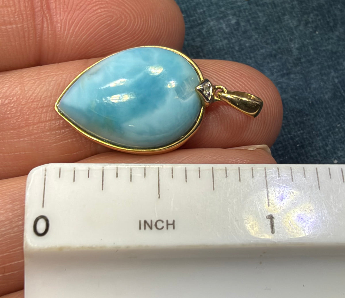 10k Yellow Gold Robins Egg Blue Larimar Pendant. 1" Teardrop