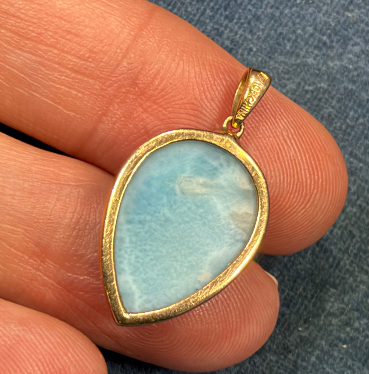 10k Yellow Gold Robins Egg Blue Larimar Pendant. 1" Teardrop