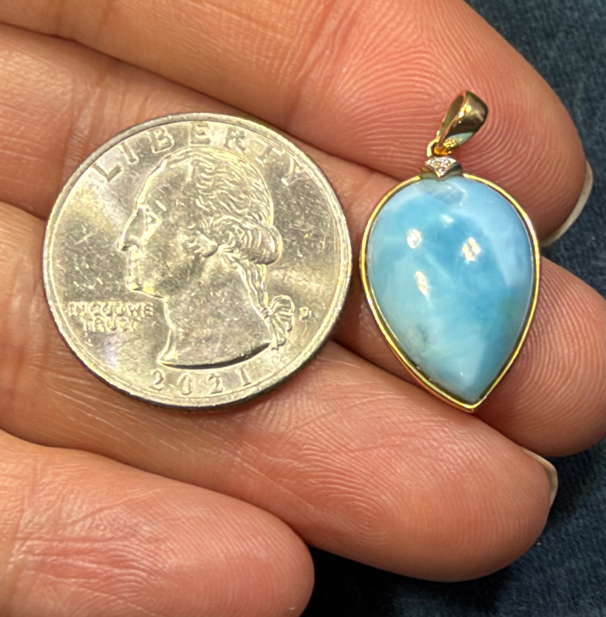 10k Yellow Gold Robins Egg Blue Larimar Pendant. 1" Teardrop