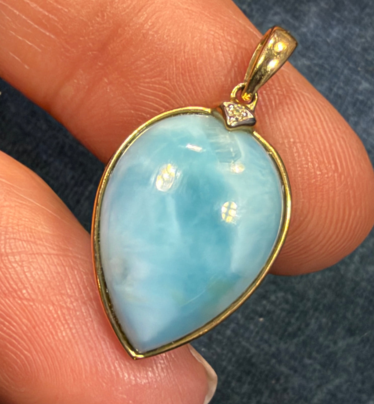 10k Yellow Gold Robins Egg Blue Larimar Pendant. 1" Teardrop