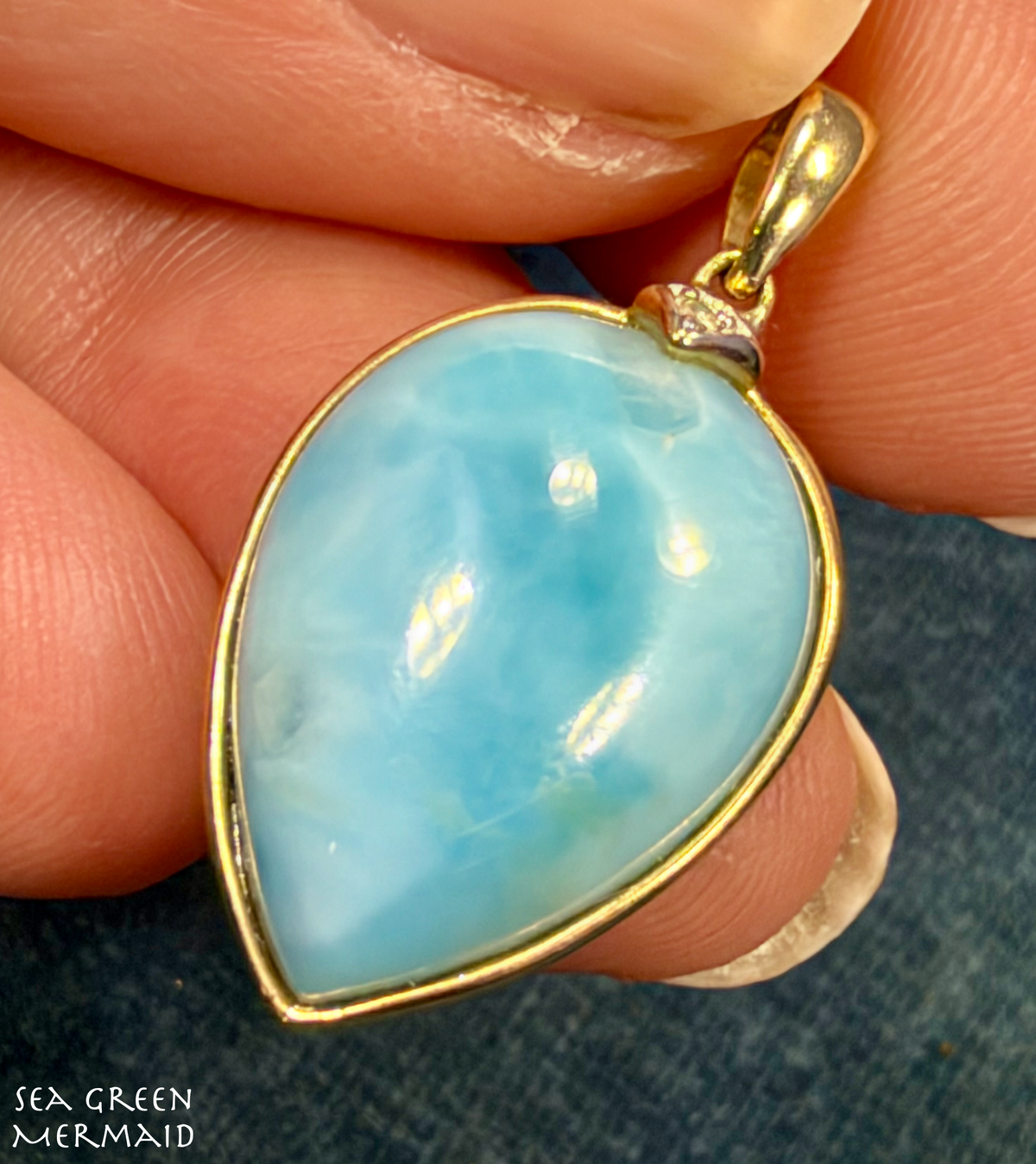 10k Yellow Gold Robins Egg Blue Larimar Pendant. 1" Teardrop