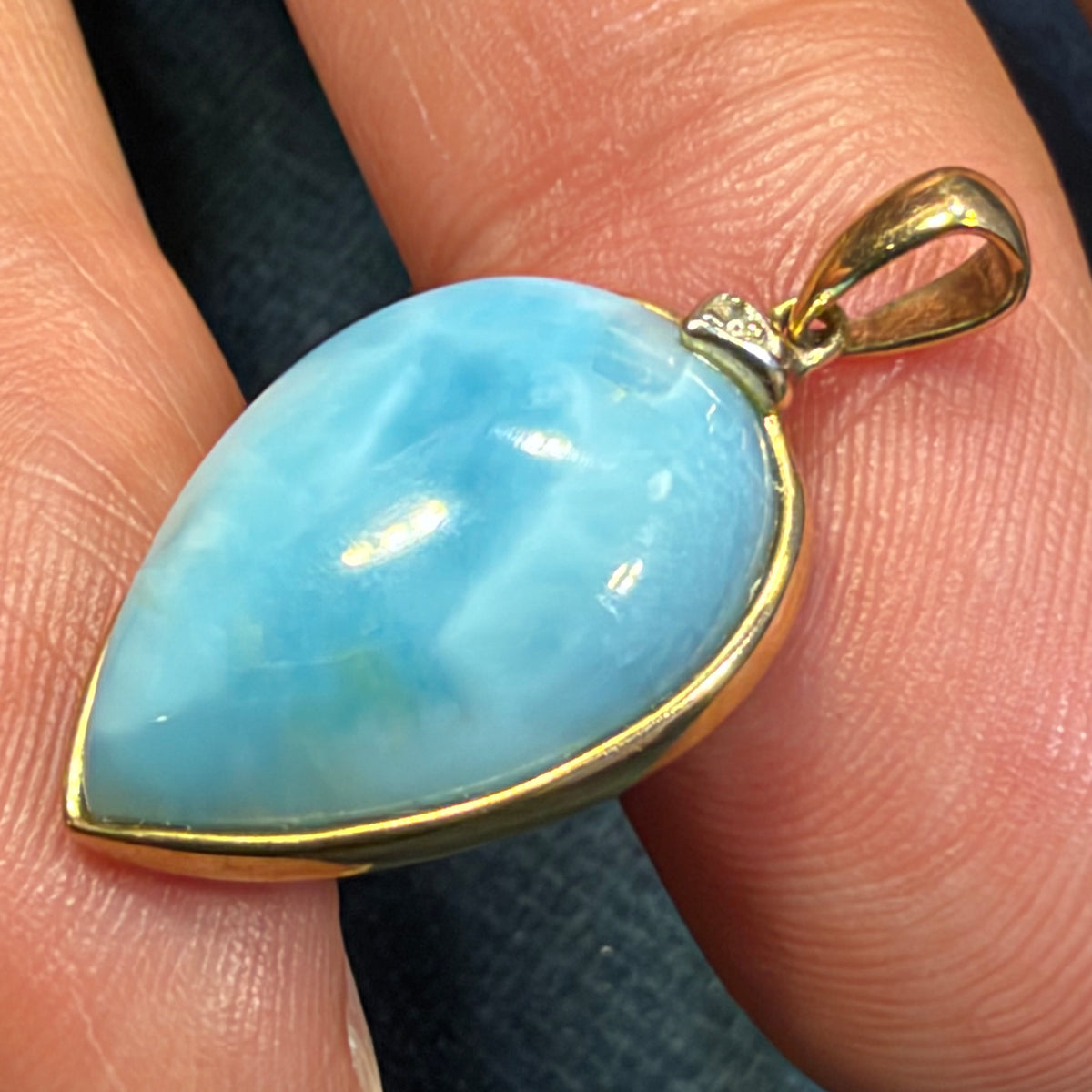 10k Yellow Gold Robins Egg Blue Larimar Pendant. 1" Teardrop