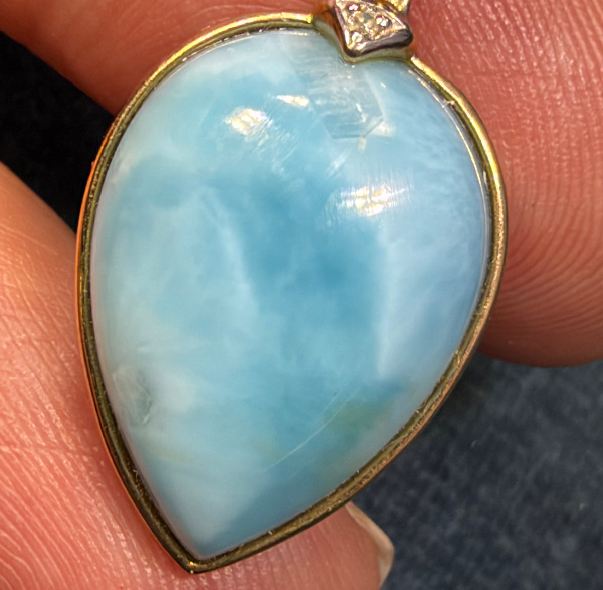 10k Yellow Gold Robins Egg Blue Larimar Pendant. 1" Teardrop