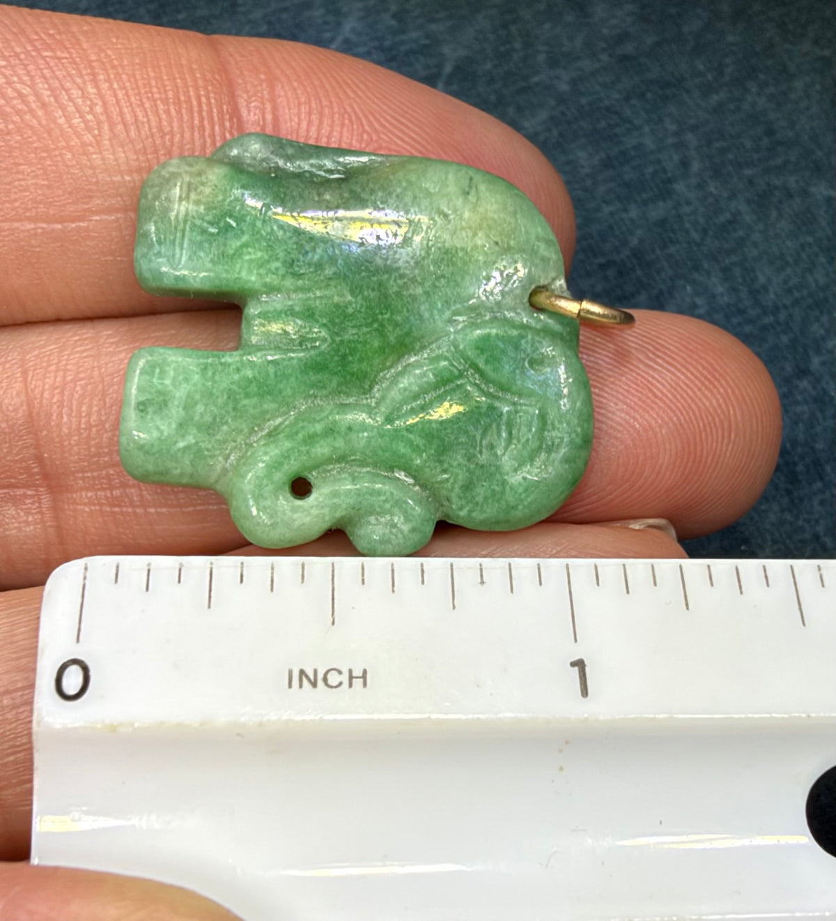 14k Gold Carved Jade ELEPHANT Pendant. 1" Apple Green