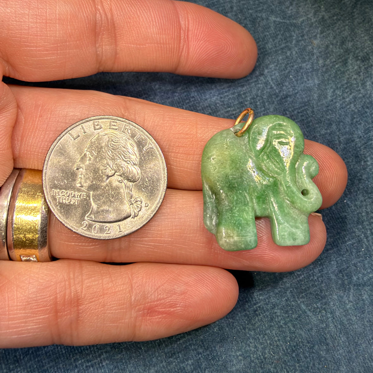 14k Gold Carved Jade ELEPHANT Pendant. 1" Apple Green