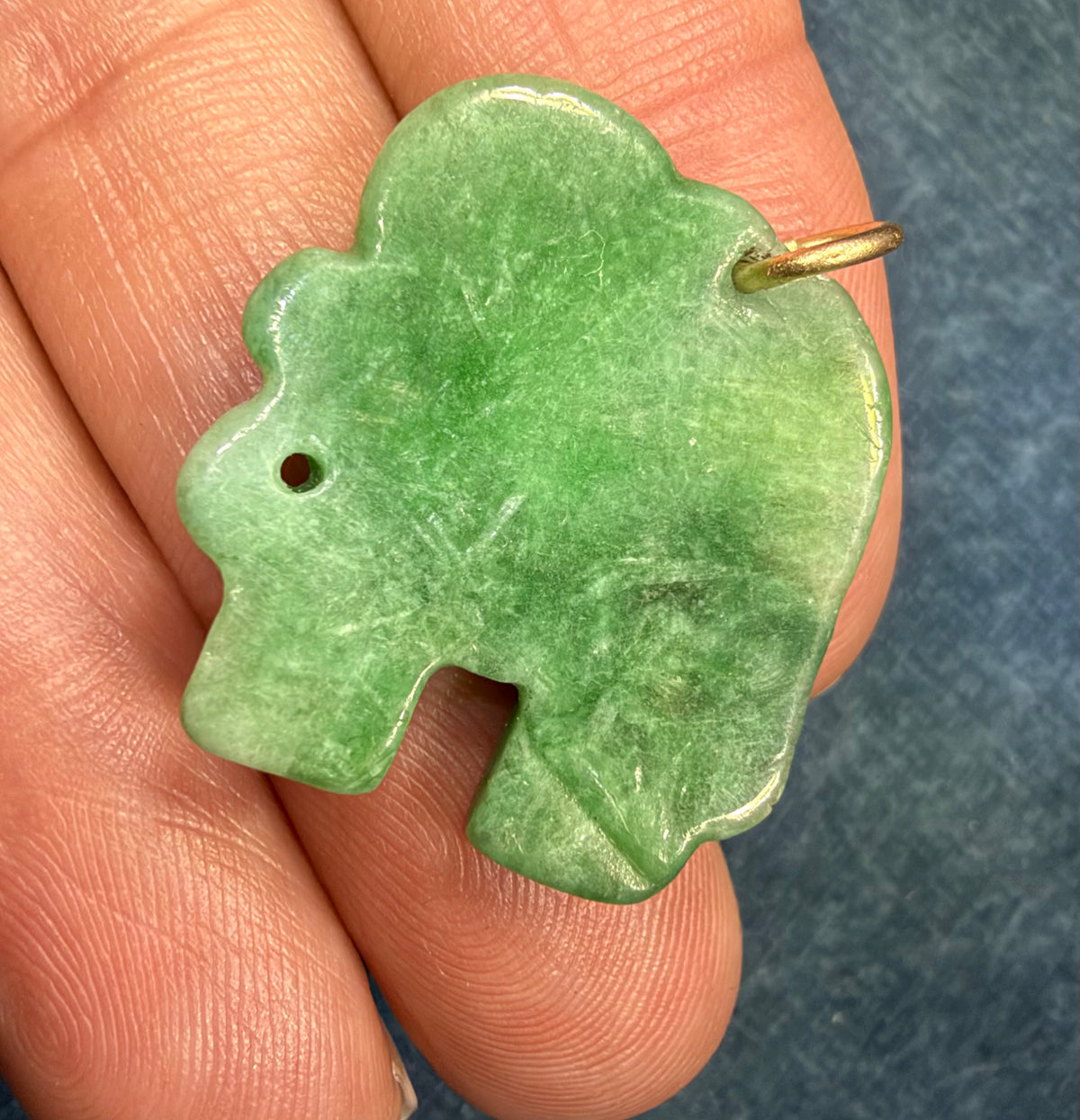 14k Gold Carved Jade ELEPHANT Pendant. 1" Apple Green