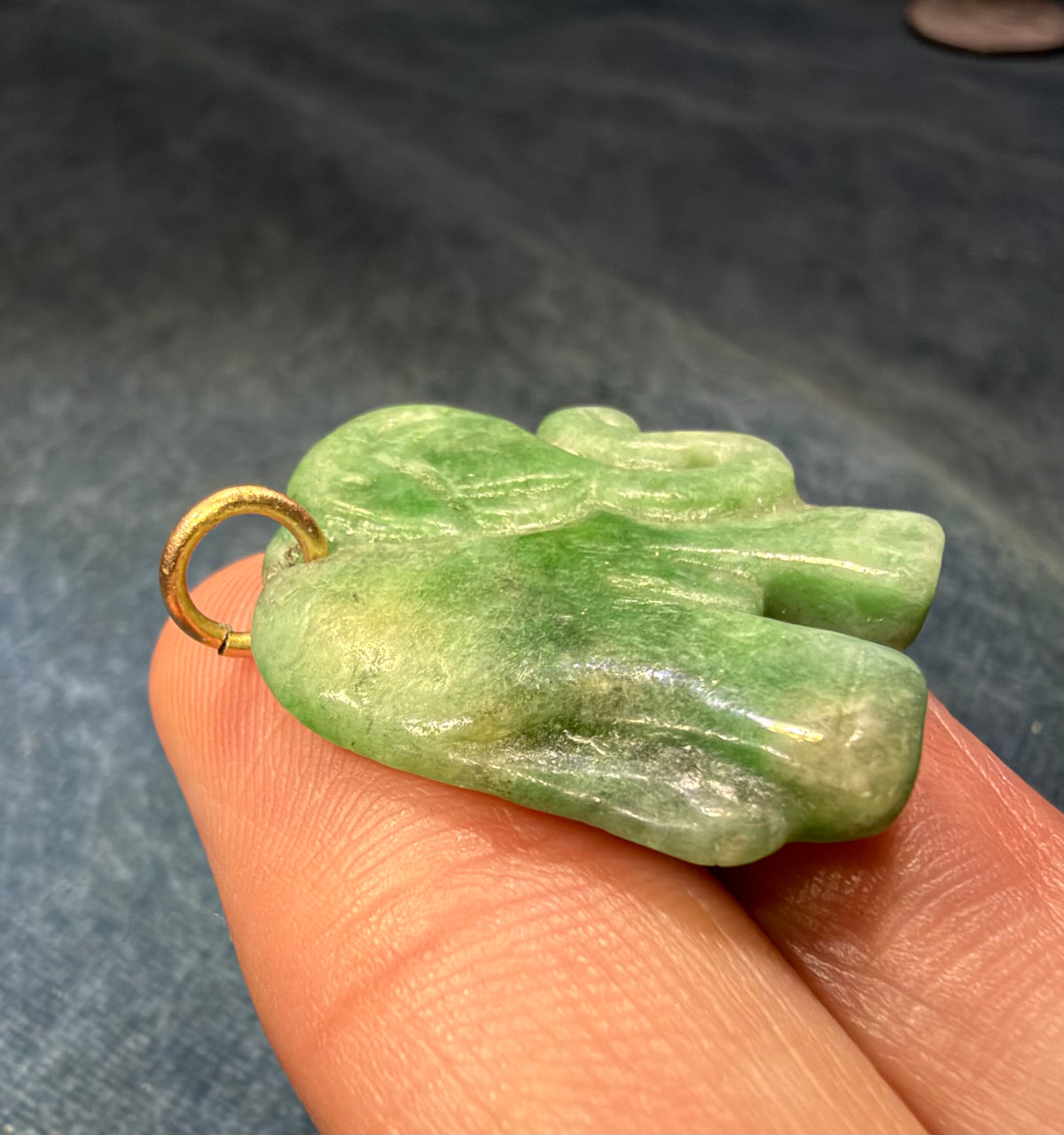 14k Gold Carved Jade ELEPHANT Pendant. 1" Apple Green