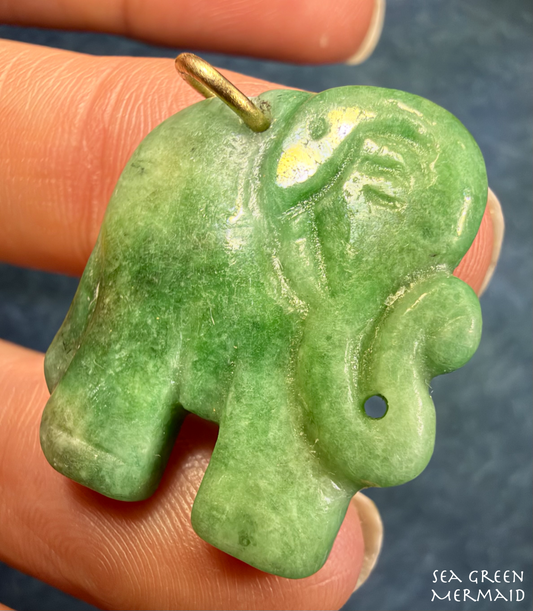 14k Gold Carved Jade ELEPHANT Pendant. 1" Apple Green