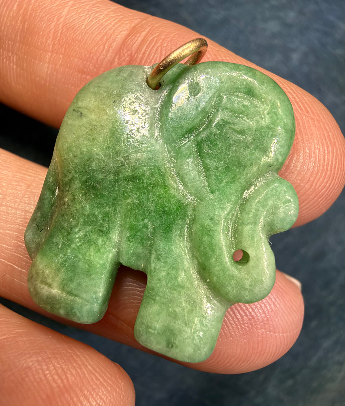 14k Gold Carved Jade ELEPHANT Pendant. 1" Apple Green