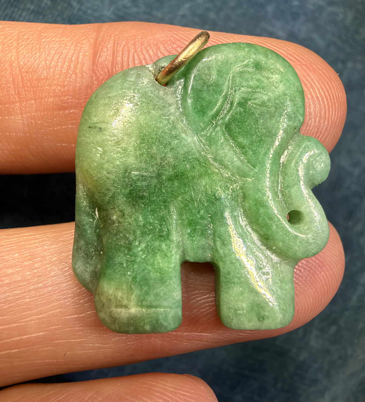 14k Gold Carved Jade ELEPHANT Pendant. 1" Apple Green