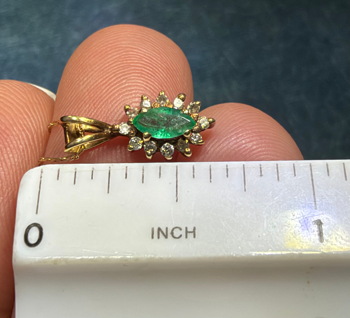 14k Gold Natural Emerald & Diamond Halo Small Pendant. Free 10k Chain!