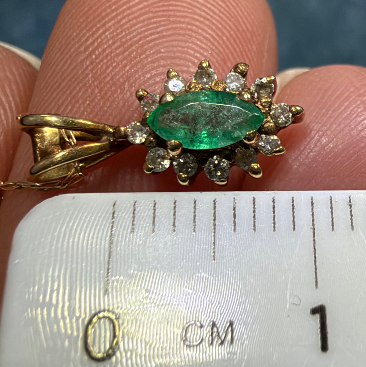 14k Gold Natural Emerald & Diamond Halo Small Pendant. Free 10k Chain!