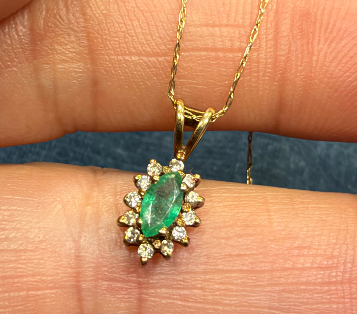 14k Gold Natural Emerald & Diamond Halo Small Pendant. Free 10k Chain!