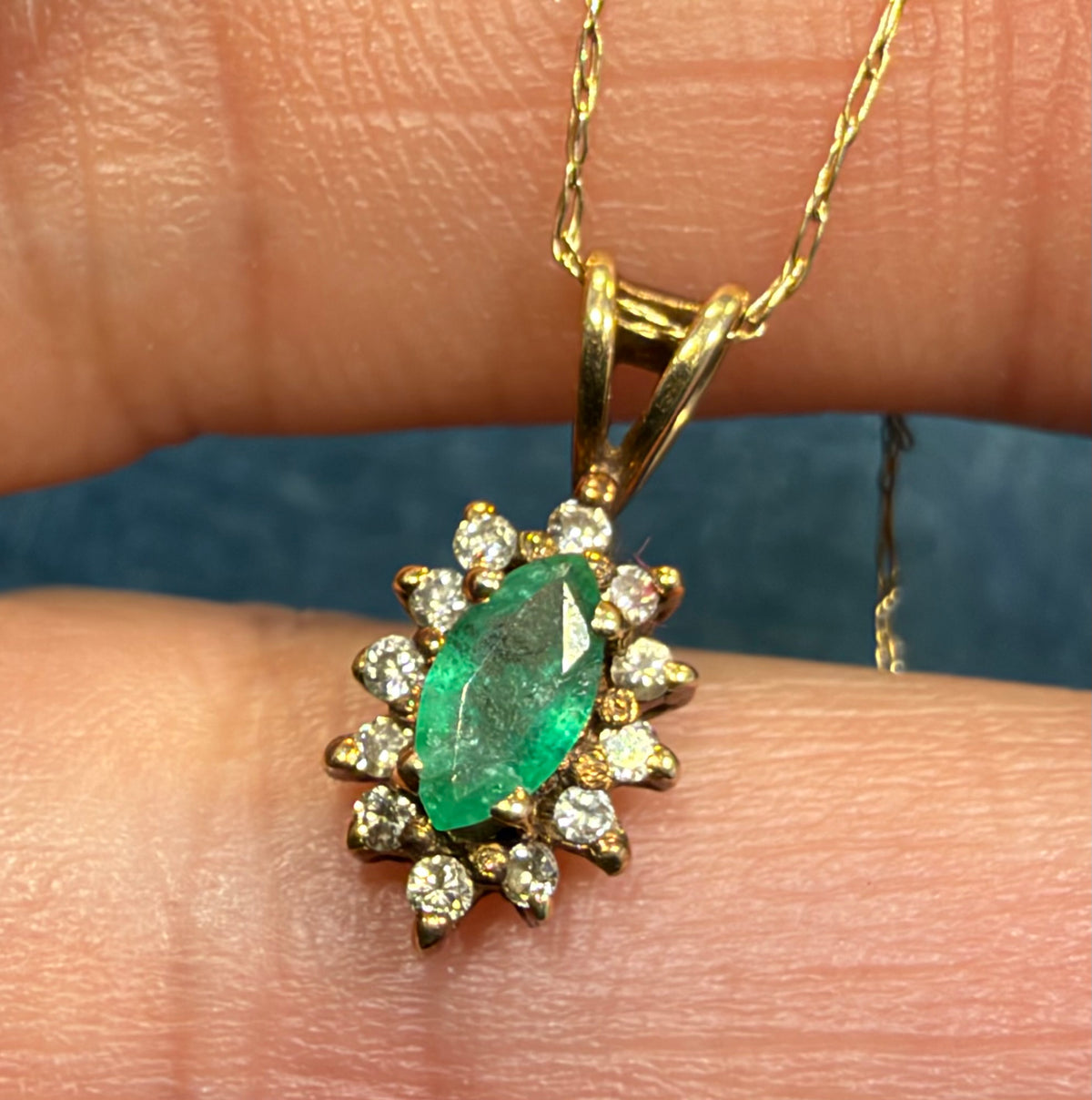 14k Gold Natural Emerald & Diamond Halo Small Pendant. Free 10k Chain!