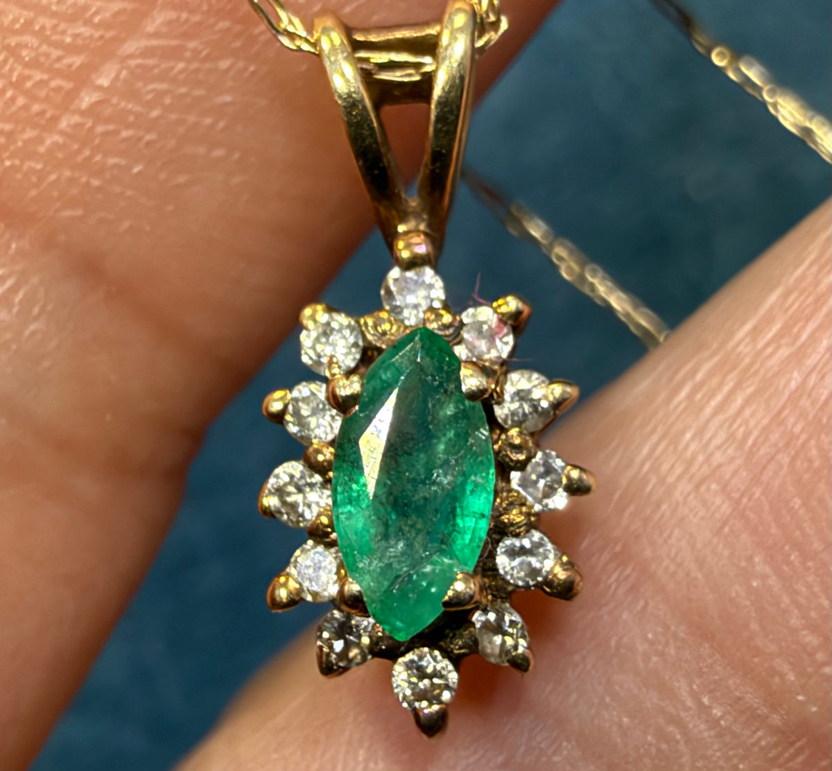 14k Gold Natural Emerald & Diamond Halo Small Pendant. Free 10k Chain!