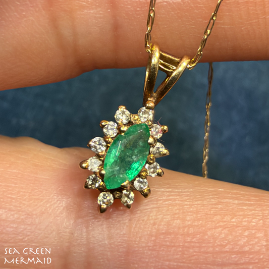 14k Gold Natural Emerald & Diamond Halo Small Pendant. Free 10k Chain!