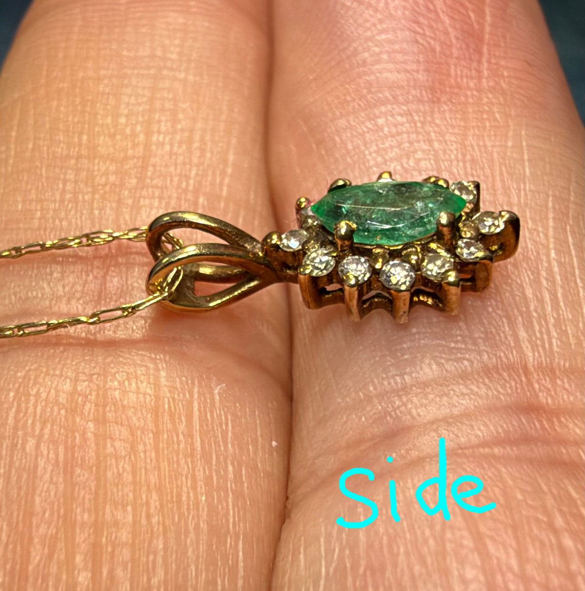14k Gold Natural Emerald & Diamond Halo Small Pendant. Free 10k Chain!