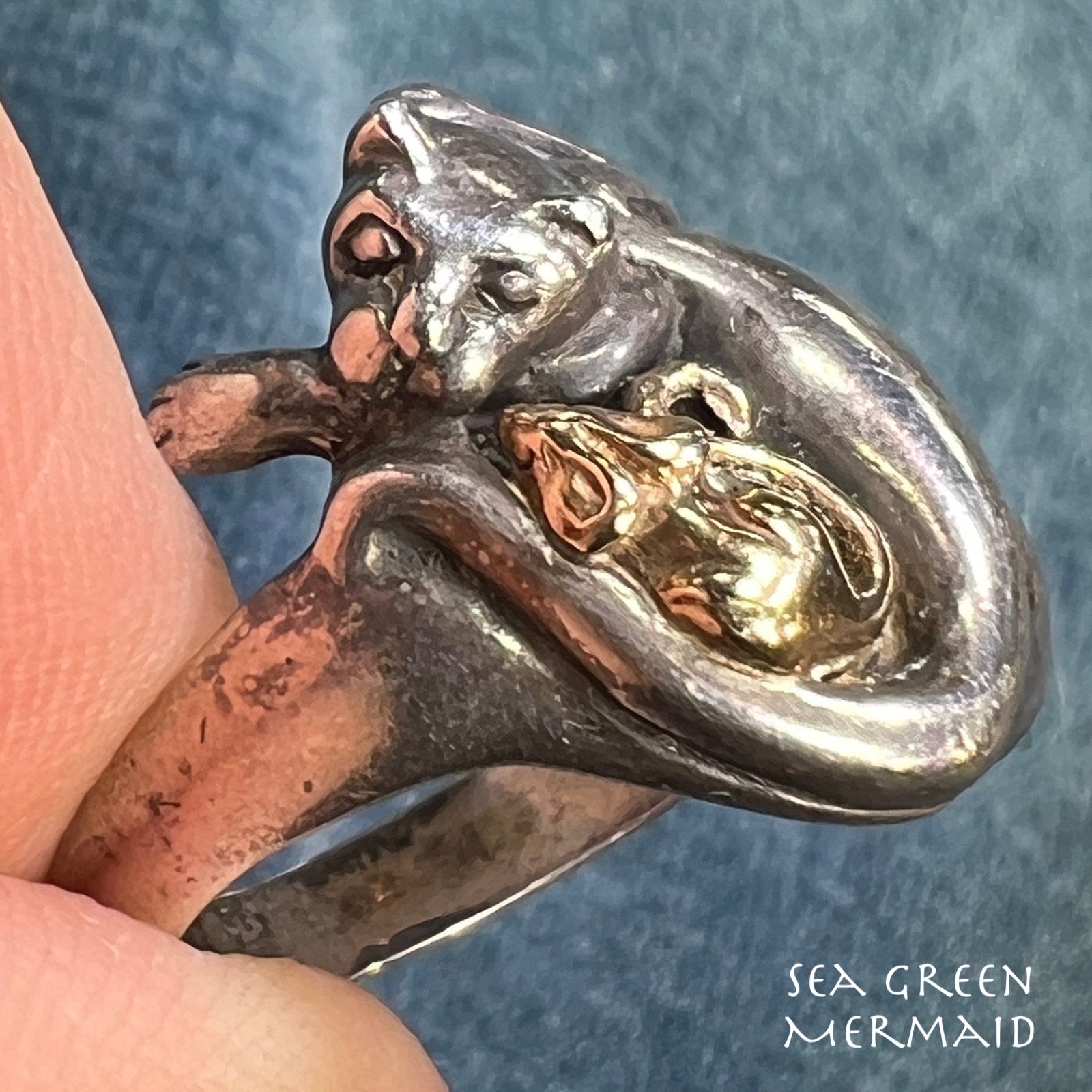 14k Yellow Gold Mouse & 925 Cat Ring. Artisan-Made. 3/4" + 6g