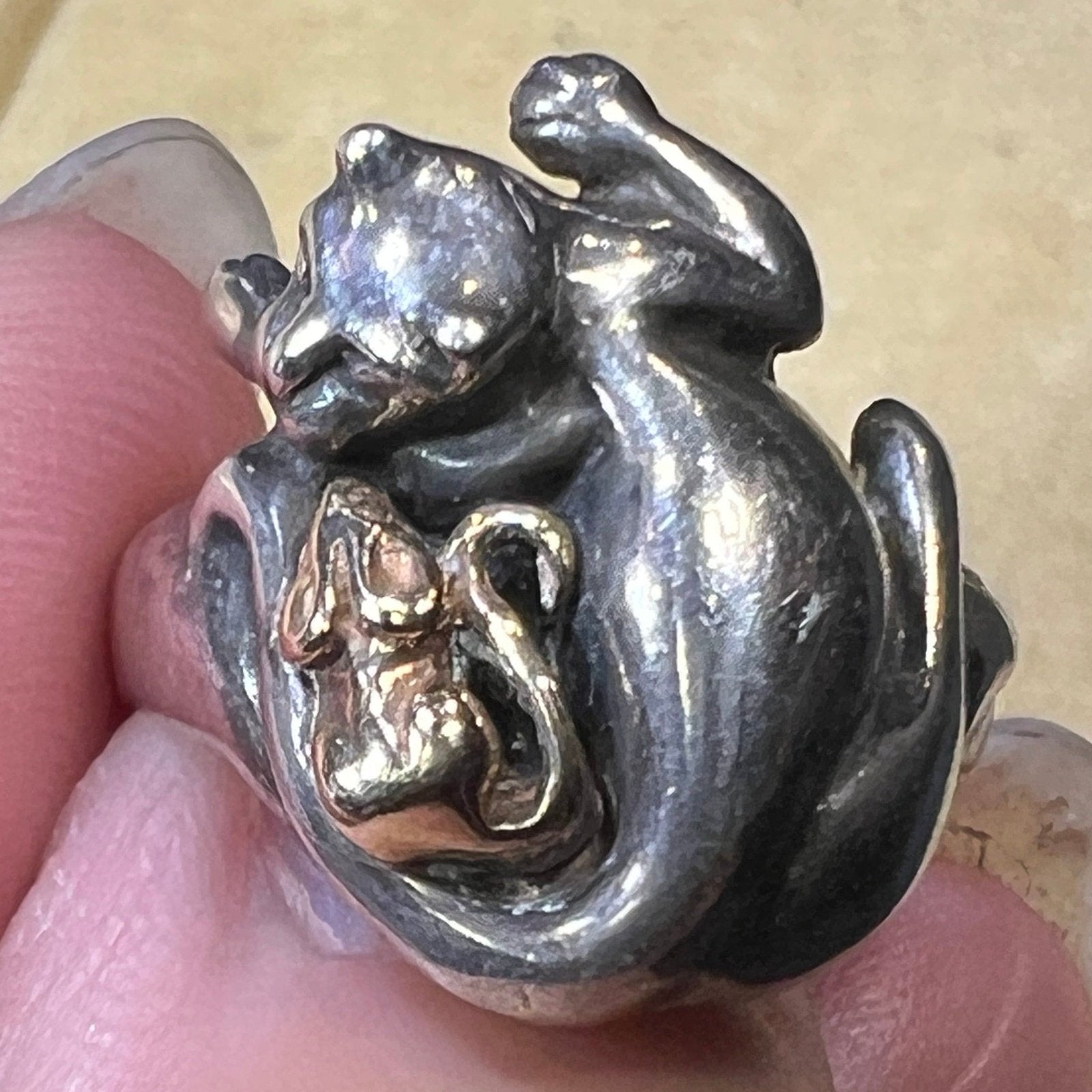 14k Yellow Gold Mouse & 925 Cat Ring. Artisan-Made. 3/4" + 6g