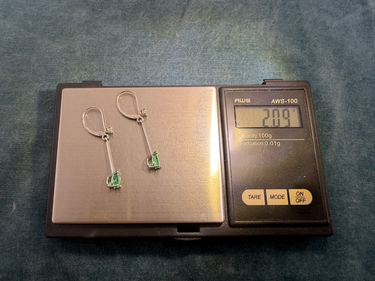 14k White Gold Dangle Earrings w Teardrop Emeralds + Diamonds. Leverback