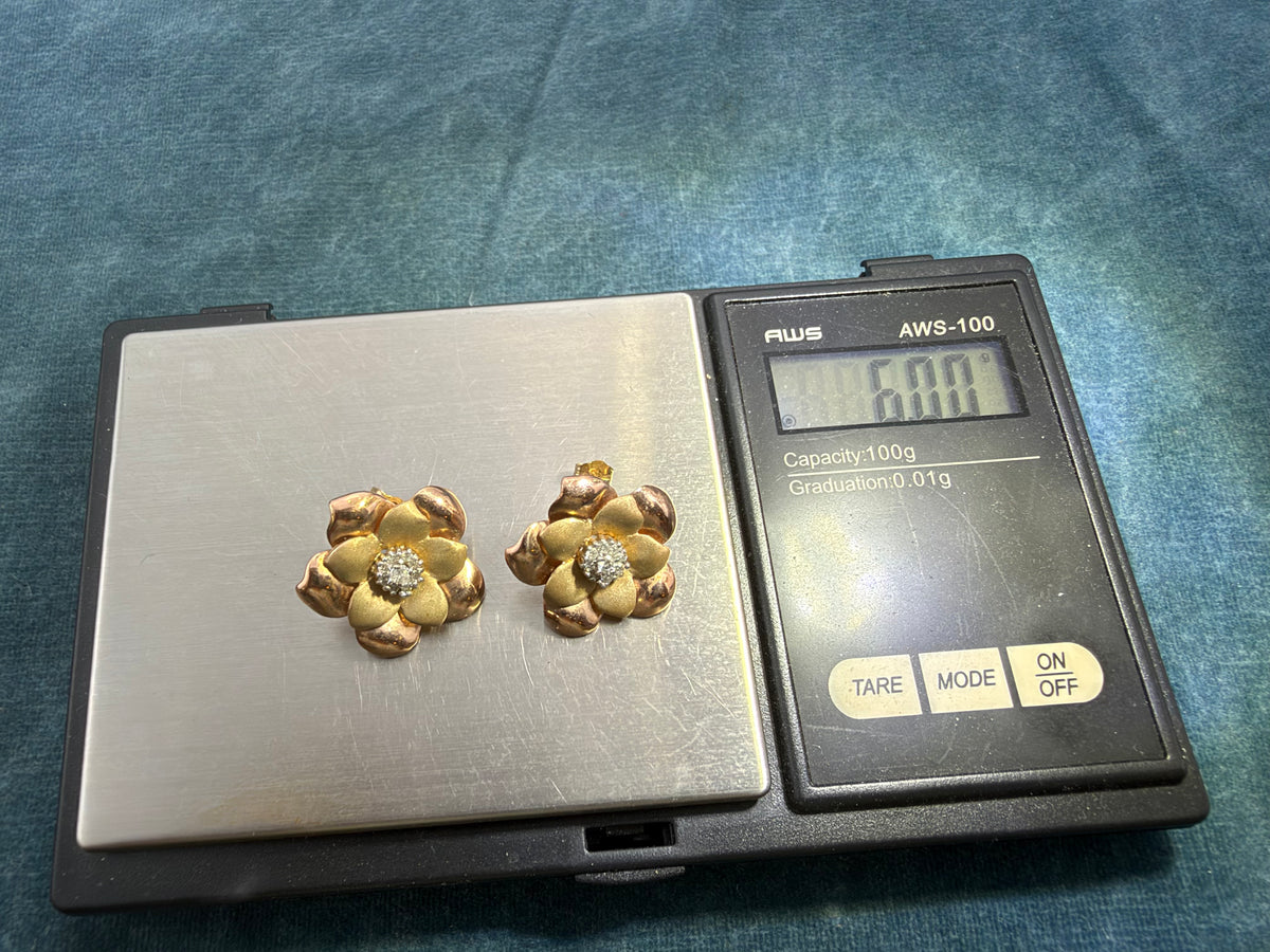 10k Yellow + Rose Gold 3D Flower Earrings w Diamonds. 3/4" + 6g