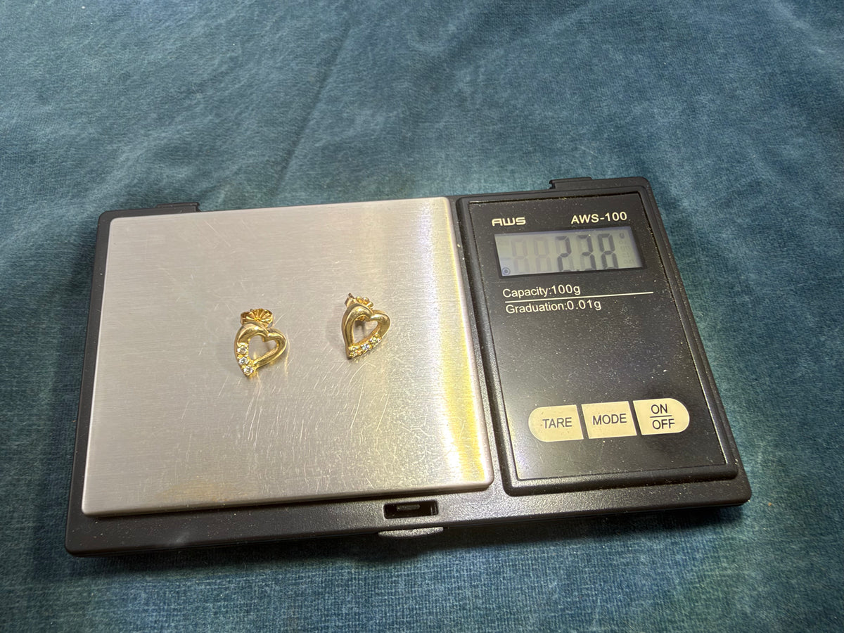 14k Yellow Gold Diamond Open HEART Earrings. Small 11mm