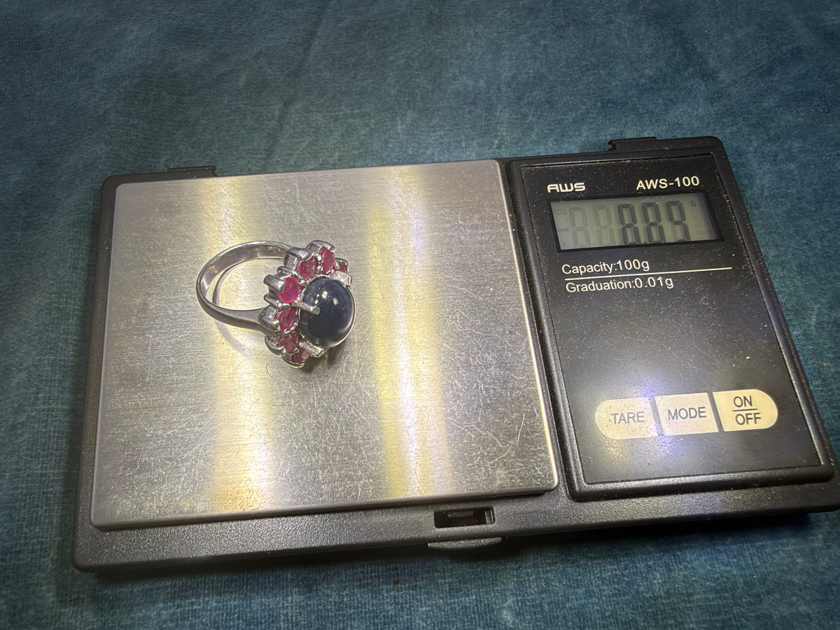 Natural Blue Star Sapphire Ring w Ruby Halo in Sterling Silver *Video*