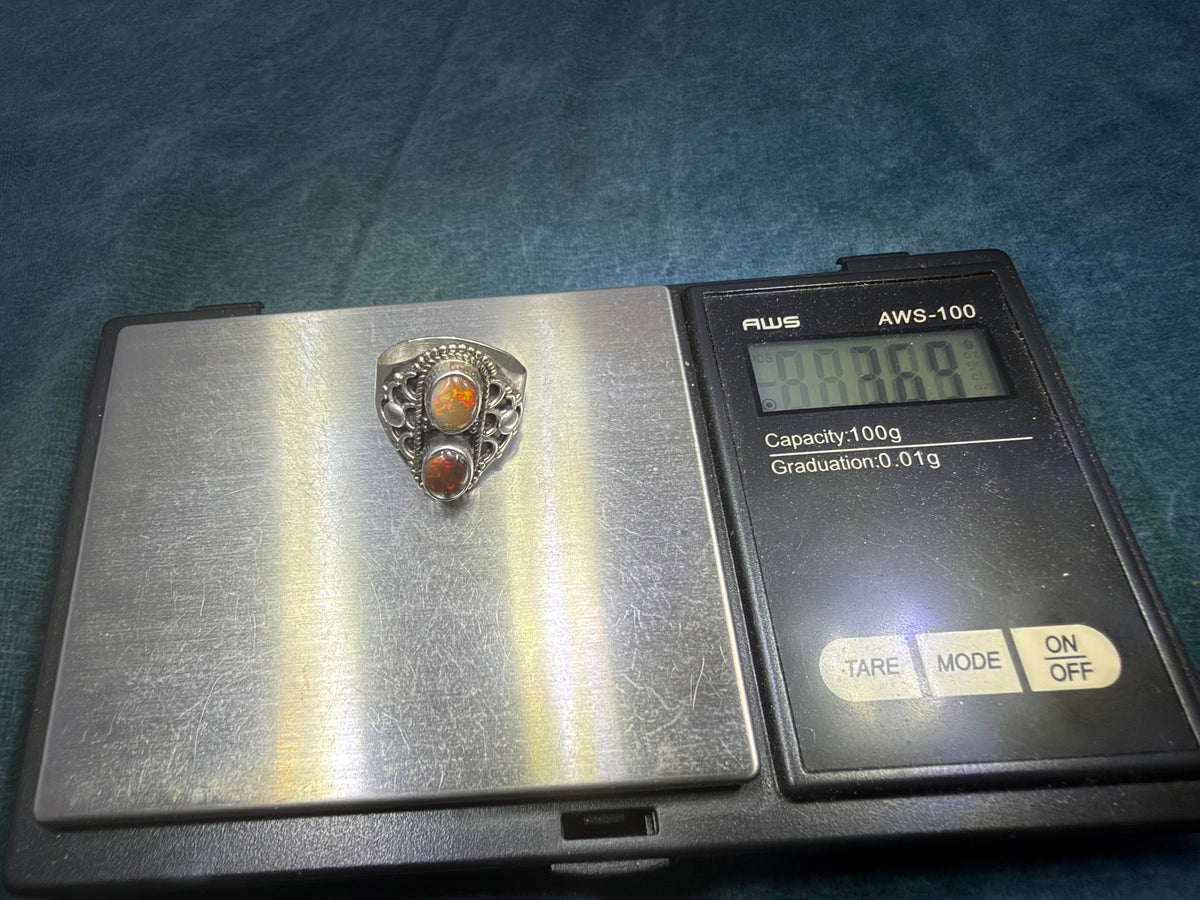Mexican Boulder Fire Opal Double Stone Wide 925 Silver Ring. Bali Beads