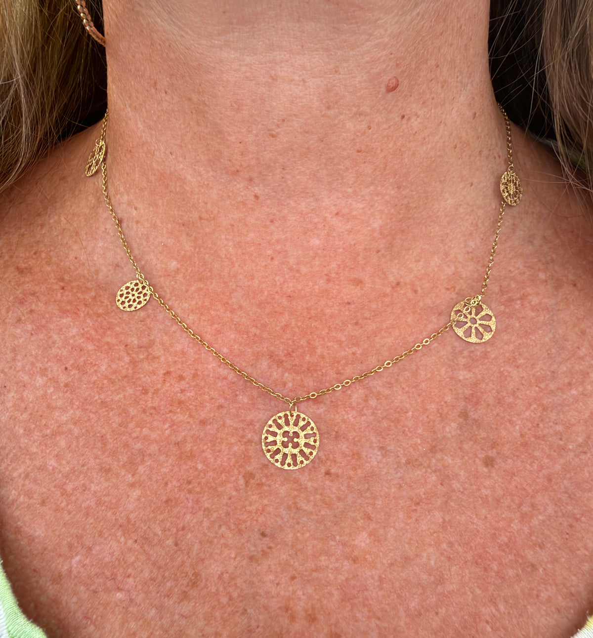 14k Yellow Gold Mandala Charms Station Chain Necklace. Minty!