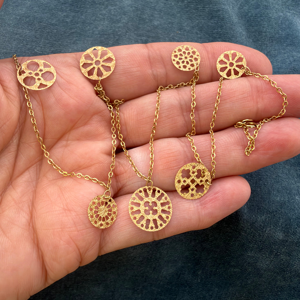 14k Yellow Gold Mandala Charms Station Chain Necklace. Minty!
