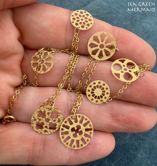 14k Yellow Gold Mandala Charms Station Chain Necklace. Minty!