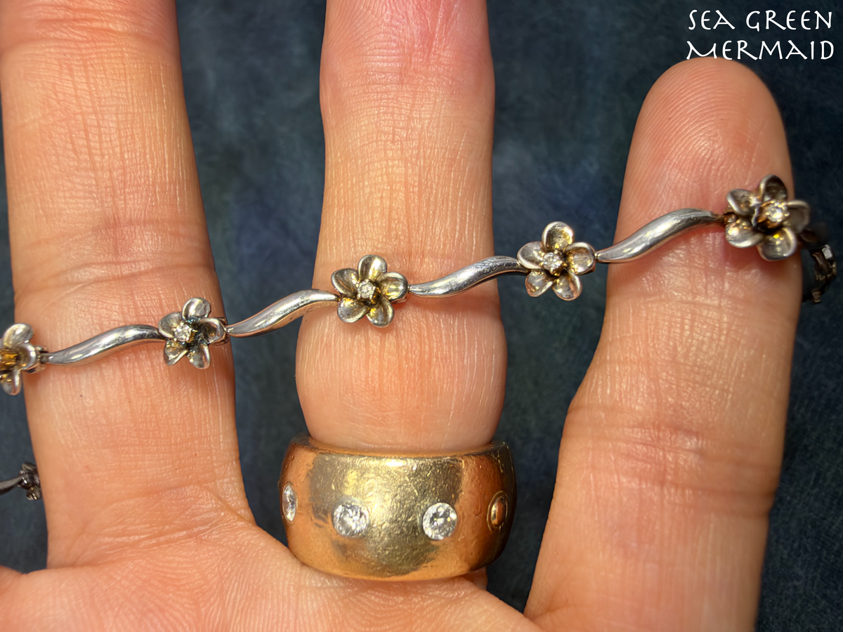 10k Yellow Gold + Sterling Silver Natural Diamond Flower Bracelet