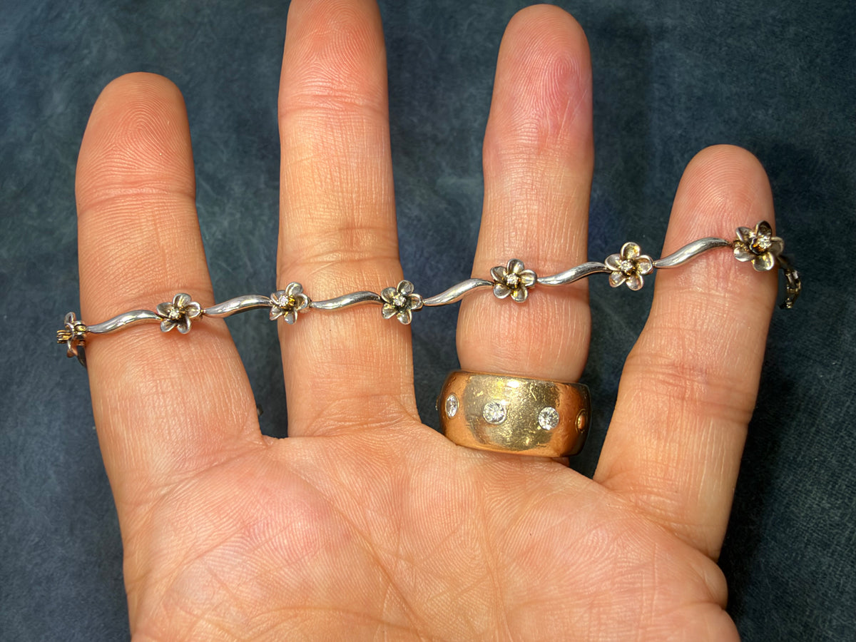 10k Yellow Gold + Sterling Silver Natural Diamond Flower Bracelet