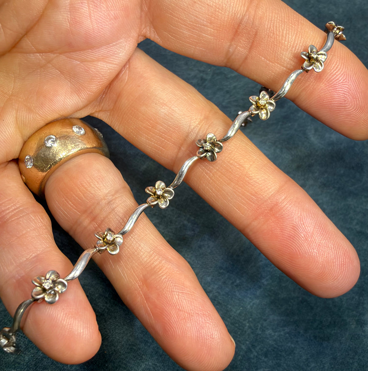 10k Yellow Gold + Sterling Silver Natural Diamond Flower Bracelet